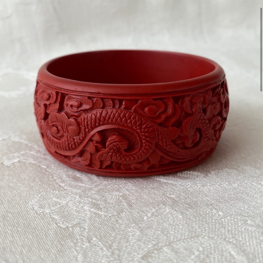 Red Cinnabar Bracelet Bangle Carved Dragon and Phoenix Pattern New